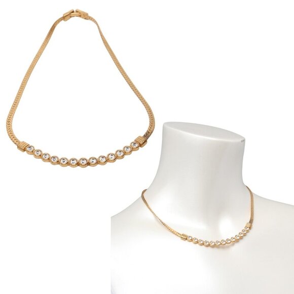 Vintage Swarovski Crystal Gold Plated Necklace Collar Choker Flat Snake Chain - Picture 1 of 15